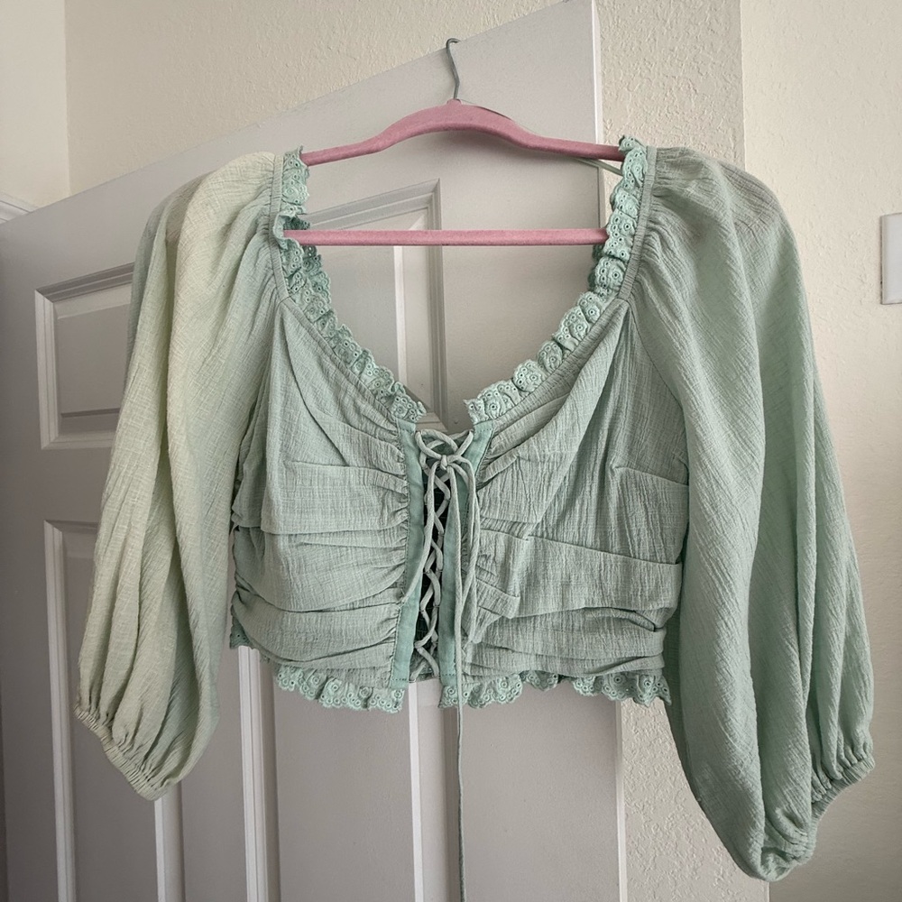 Vestique Light Green Lace-Up Blouse